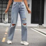 High Waisted Wide Leg Distressed Jeans Loose Fit Trendy Style Casual Wear Wholesale Available