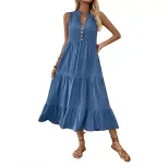 Summer Casual Midi Dress Button Detail Solid Color V Neck Sleeveless Perfect for Everyday Wear W