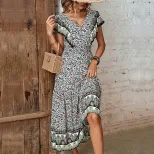 Vintage Bohemian Ruffle Hem V Neck Printed Dress Elegant Design Comfortable Fabric Perfect for S