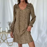 Leopard Print Long Sleeve Dress Loose Fit Ruffle Trim Autumn Fashion Perfect for Casual Outings
