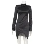 Elegant Long Sleeve Dress Satin Lace Panel Slim Fit Solid Color Perfect for Formal Events Wholes