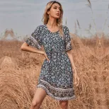 Geometric Floral Print Dress Round Neck Short Sleeve Summer Style Perfect for Casual Outings Who