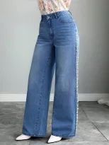 Loose Fit Pearl Lace Wide Leg Jeans Simple Fresh Design Casual Wear for Women Wholesale Availabl