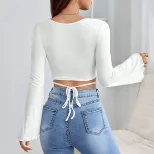Elegant Long Sleeve Blouse Flared Sleeve Waist Tie V Neck Perfect for Dates and Casual Outings W