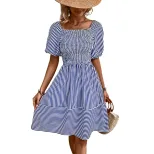 French Country Style Striped Dress Sweet Square Neck Puff Sleeves Lightweight Fabric Perfect for