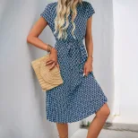 Geometric Print Short Sleeve Dress Minimalist Style Round Neck Comfortable Fabric Perfect for Ca