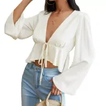 Womens Sexy Tie Front Cardigan T Shirt Short Length V Neck Loose Fit Long Sleeve Spring Summer F