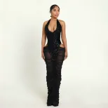 Fashionable Sequin Panelled Bodycon Dress Sheer Mesh Ruffled Design Elegant Style Perfect for Au