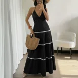 Color Block V Neck Halter Dress Sexy Cake Skirt Design Perfect for Vacations and Summer Events W
