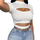 Womens Short Sleeve Knit T Shirt Half Turtleneck Slim Fit Hollow Out Design Summer Casual Wear Wholesale Availab