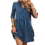 Loose Fit Summer Dress for Women V Neck Short Sleeve Solid Color Casual Wear factory direct