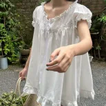 French Style Loose Fit Short Sleeve Dress with Ruffle Trim Elegant Versatile Summer Fashion Whol