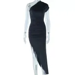 Black and White Color Block Asymmetrical Maxi Dress Short Sleeve Off Shoulder Pleated Design Cas