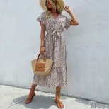 Summer Fashion Leopard Print Midi Dress for Women Short Sleeve Split Design Trendy Style Perfect