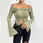 Off Shoulder Knit Top Long Sleeve Bell Sleeve Split Design Fall Winter Fashion for Women Wholesa