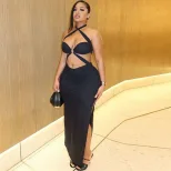 Fashionable Solid Color Bodycon Dress Sexy Ruched Design Halter Neck Backless Perfect for Partie