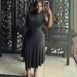 Womens Elegant Solid Color Sleeveless Dress Round Neck Irregular Hem Chic Style Perfect for Casu
