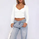 Slim Fit Long Sleeve Crop Top Solid Color Sexy Design Spring Summer Style Wholesale Available