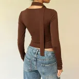 American Style Long Sleeve Crop Top Square Neck Slim Fit Adjustable Tie Soft Fabric Casual Wear