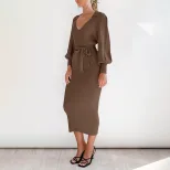 Knitted Sweater Dress for Women Lantern Sleeve Solid Color Autumn Winter Fashion