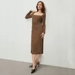 Long Sleeve Square Neck Dress High Waist Mid Length Elegant Style Autumn Winter Womens Fashion W