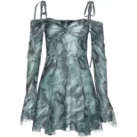 Summer Floral Print Off Shoulder Dress Slim Fit Bell Sleeves Adjustable Straps Casual Wear for W