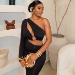 Asymmetrical One Shoulder Dress Hollow Out Bodycon Fit Slit Design Elegant Evening Wear Wholesal