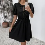 Vintage Striped Dress Summer Collection Round Neck Bow Tie Detail Elegant Style Wholesale Availa