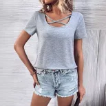 Womens Loose Fit Short Sleeve T Shirt Crossed U Neck Casual Style Comfortable Fabric Wholesale A