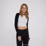 Long Sleeve Cropped T Shirt Slim Fit Color Block Raglan Sleeve Knit Fabric Casual Wear for Autum