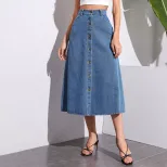 High Waisted Denim Midi Skirt Button Detail Trendy Design Casual Style Wholesale Availability