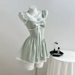 Lace Trim Bow Tie Mini Dress Womens Sleeveless Elegant Design Perfect for Parties Ready to Ship