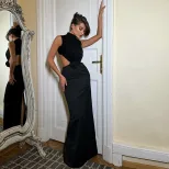 Sleeveless High Neck Dress Solid Color Hollow Out Backless Elegant Design Evening Wear Red Carpe