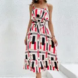 Elegant Ruffled Hem Geometric Print Maxi Dress Colorful Trendy Sleeveless Perfect for Summer Eve
