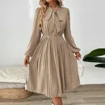 Chic Pleated Dress Bow Tie Neck Puff Sleeves Solid Color Office Wear or Casual Events OEM Availa