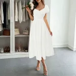 French Vintage Puff Sleeve A Line Midi Dress Waist Defining Flattering Fit Elegant Style Wholesa