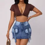Casual Denim Skirt Stylish Workwear Design Large Pockets Decorative Straps Versatile for Everyda