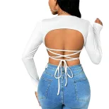 Womens Long Sleeve V Neck T Shirt Sexy Backless Design Slim Fit Elegant Style Spring Summer Coll