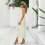 French Style Sleeveless Midi Dress Embroidered Jacquard Pleated Design Unique Aesthetic Summer F
