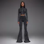 Fashionable Zip Up Crop Top with High Waisted Flare Pants Trendy Design for Casual Outings Whole