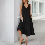 Summer Midi Dress Sleeveless Button Detail Solid Color Casual Wear for Women OEM Available