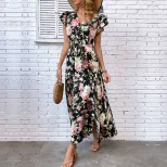 Summer Floral Maxi Dress Mid Length Split Design Lightweight Fabric Beach Vacation Wear Wholesal