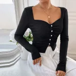 French Style Square Neck T Shirt Elegant Slim Fit Spring Summer Womens Fashion Top Wholesale Ava