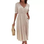 Casual Puff Sleeve V Neck Dress Simple Design Wrinkled Fabric Solid Color Perfect for Office Wea