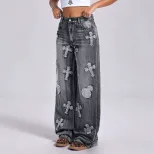 Vintage Embroidered Cross Denim Jeans Womens Straight Leg Retro Style Casual Wear Wholesale Avai