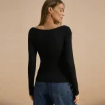 Womens Long Sleeve T Shirt Slim Fit Asymmetrical Neckline Ruffled Design Spring Fall Fashion Top