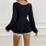 Womens Long Sleeve Top Sexy Square Neck Fitted Waist Textured Knit Casual or Evening Wear Wholes