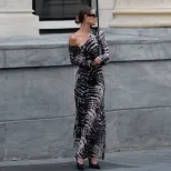 Zebra Print Off Shoulder Long Sleeve Dress Vintage Style Slim Fit Fashionable Design Autumn Coll