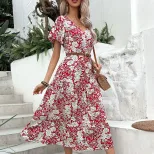 Floral Print V Neck Dress for Women Summer Casual Style Lightweight Fabric Available in Red Wholesale Options