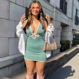 Plaid Print Sleeveless Backless Bodycon Dress Sexy Halter Neck Mid Waist Hollow Out Design Perfe